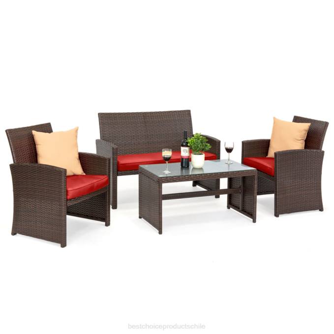vida al aire libre | Best Choice Products Juego de patio de conversación de mimbre para exteriores de 4 piezas con 4 asientos y mesa de vidrio rojo marrón08BN1403