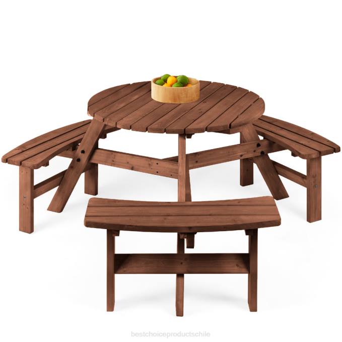 vida al aire libre | Best Choice Products Mesa de picnic circular de madera para 6 personas con orificio para sombrilla y 3 bancos marrón nuez08BN1481