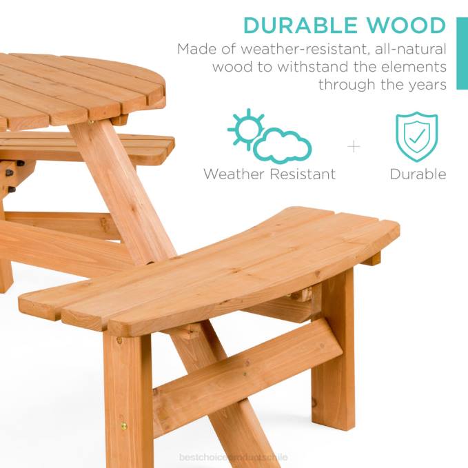 vida al aire libre | Best Choice Products Mesa de picnic circular de madera para 6 personas con orificio para sombrilla y 3 bancos natural08BN1480