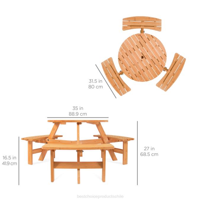 vida al aire libre | Best Choice Products Mesa de picnic circular de madera para 6 personas con orificio para sombrilla y 3 bancos natural08BN1480
