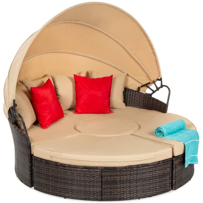 vida al aire libre | Best Choice Products Sofá cama seccional de mimbre 2 en 1 de 5 piezas con asientos ajustables, dosel y funda beige08BN1466