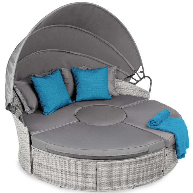 vida al aire libre | Best Choice Products Sofá cama seccional de mimbre 2 en 1 de 5 piezas con asientos ajustables, dosel y funda gris08BN1468