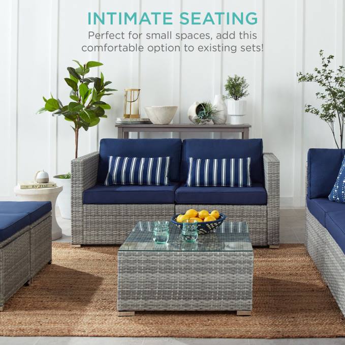 vida al aire libre | Best Choice Products Sofá de dos plazas para patio al aire libre para 2 personas con 2 almohadas decorativas gris/azul marino08BN1433