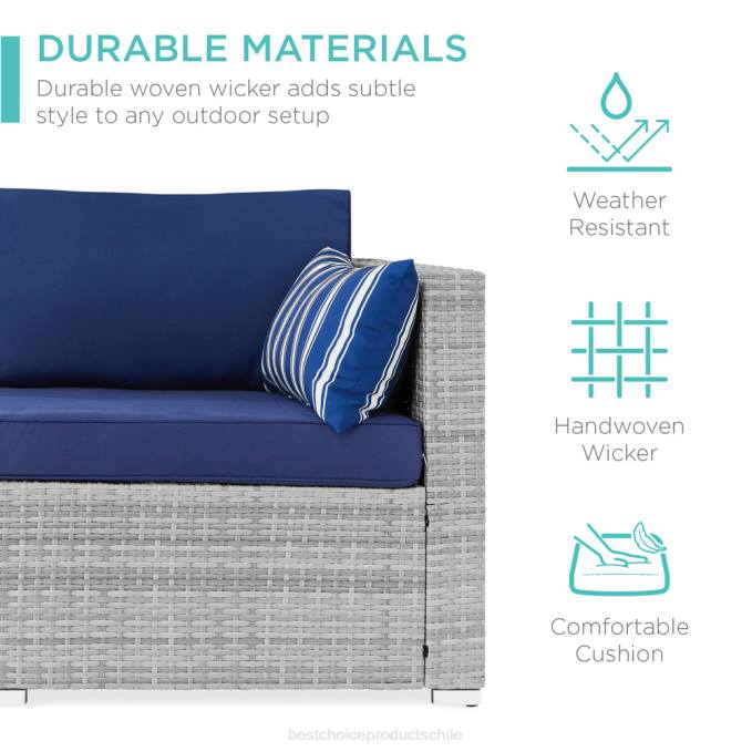 vida al aire libre | Best Choice Products Sofá de dos plazas para patio al aire libre para 2 personas con 2 almohadas decorativas gris/azul marino08BN1433
