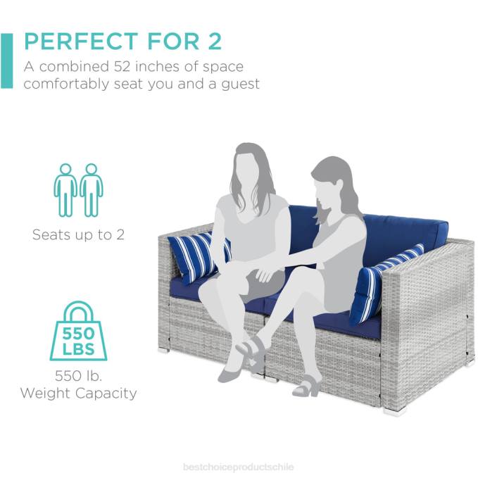 vida al aire libre | Best Choice Products Sofá de dos plazas para patio al aire libre para 2 personas con 2 almohadas decorativas gris/azul marino08BN1433
