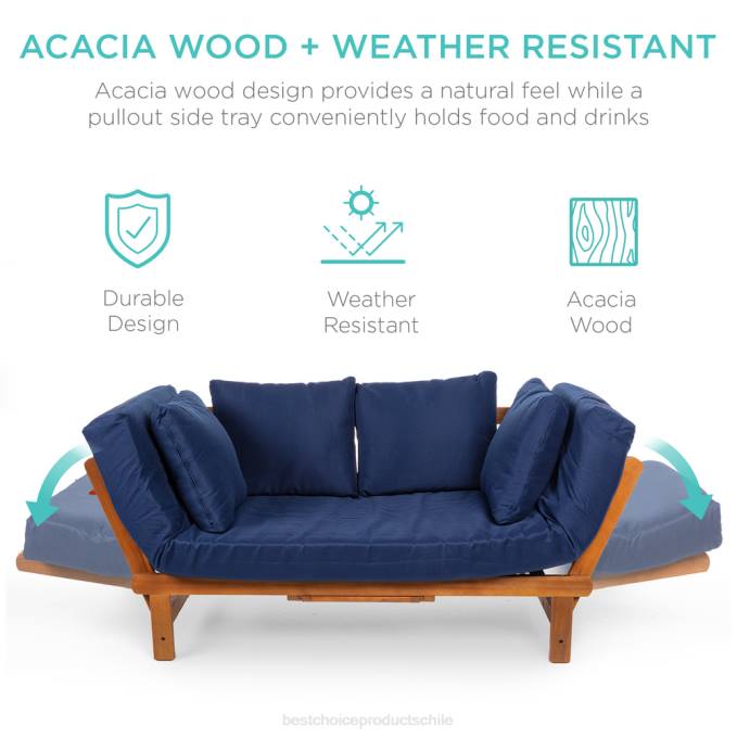 vida al aire libre | Best Choice Products Sofá futón convertible para exteriores de madera de acacia con 4 almohadas y cojín extraíble Azul marino08BN1409