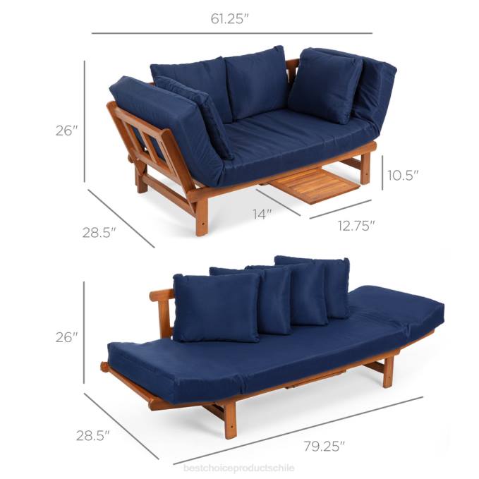 vida al aire libre | Best Choice Products Sofá futón convertible para exteriores de madera de acacia con 4 almohadas y cojín extraíble Azul marino08BN1409