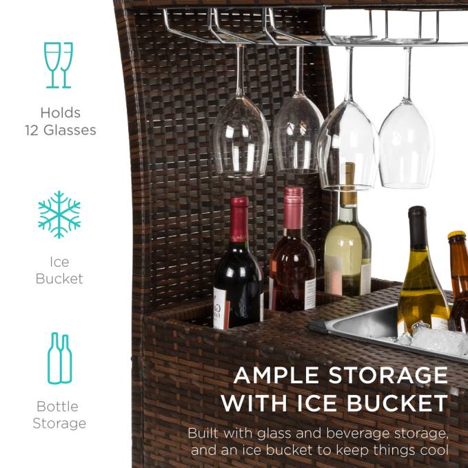 vida al aire libre | Best Choice Products carrito de mimbre con ruedas, mostrador de vidrio y cubitera para hielo marrón08BN944