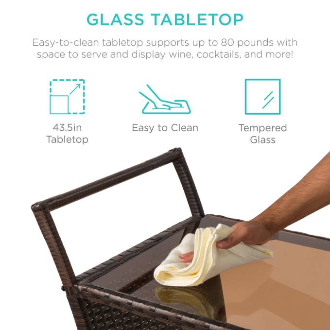 vida al aire libre | Best Choice Products carrito de mimbre con ruedas, mostrador de vidrio y cubitera para hielo marrón08BN944