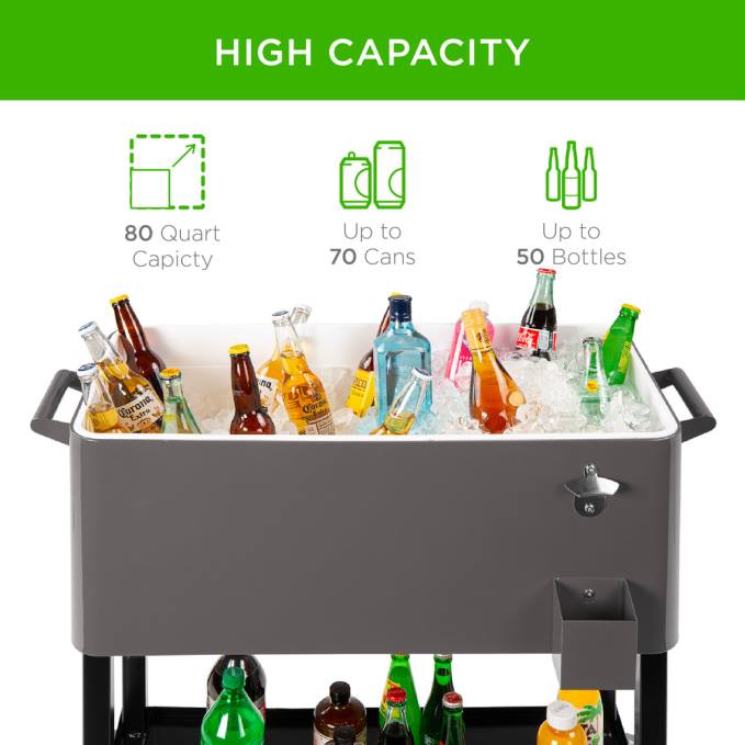 vida al aire libre | Best Choice Products Carro refrigerador portátil con ruedas y abridor de botellas, bandeja recogedora gris08BN1462