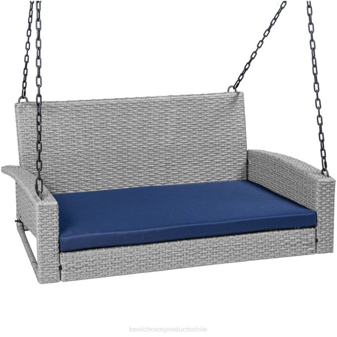 vida al aire libre | Best Choice Products Banco colgante de mimbre tejido para porche con cadenas de montaje y cojín de asiento gris/azul marino08BN1435