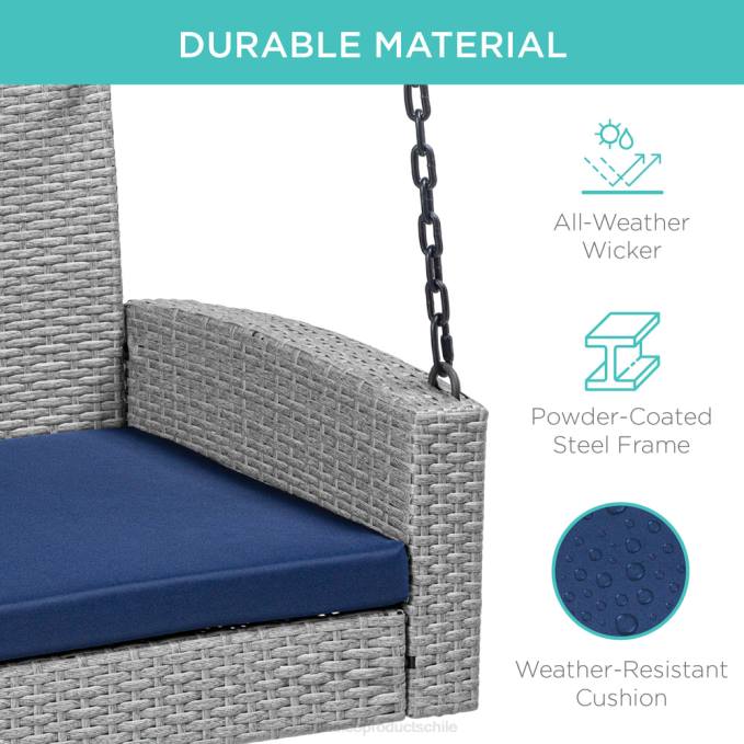 vida al aire libre | Best Choice Products Banco colgante de mimbre tejido para porche con cadenas de montaje y cojín de asiento gris/azul marino08BN1435
