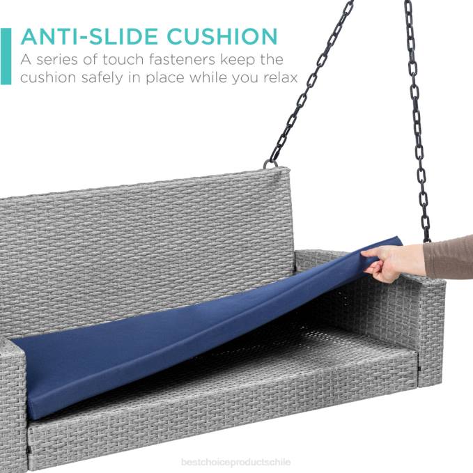 vida al aire libre | Best Choice Products Banco colgante de mimbre tejido para porche con cadenas de montaje y cojín de asiento gris/azul marino08BN1435