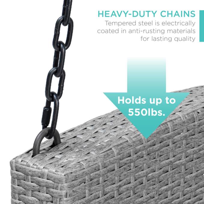 vida al aire libre | Best Choice Products Banco colgante de mimbre tejido para porche con cadenas de montaje y cojín de asiento gris/azul marino08BN1435