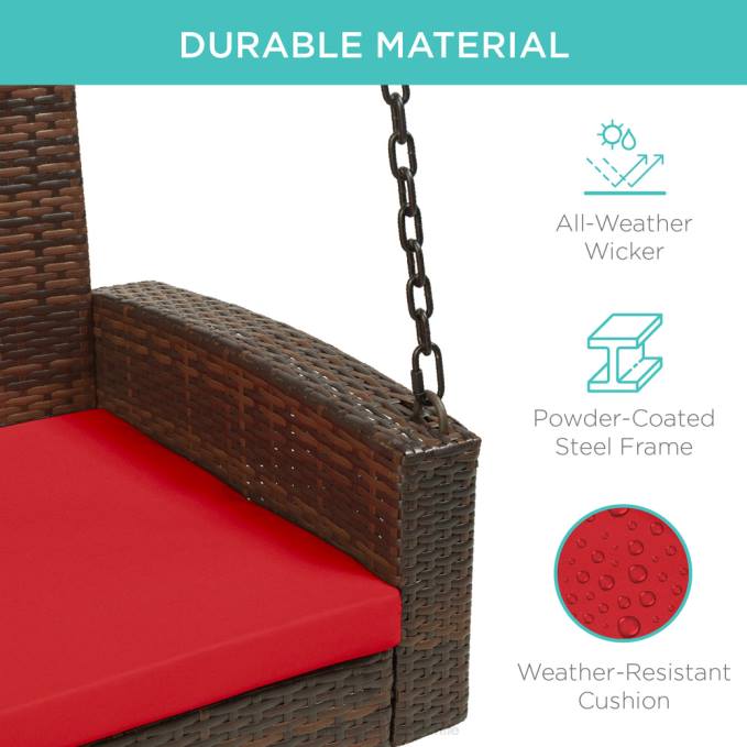 vida al aire libre | Best Choice Products Banco colgante de mimbre tejido para porche con cadenas de montaje y cojín de asiento rojo marrón08BN1434