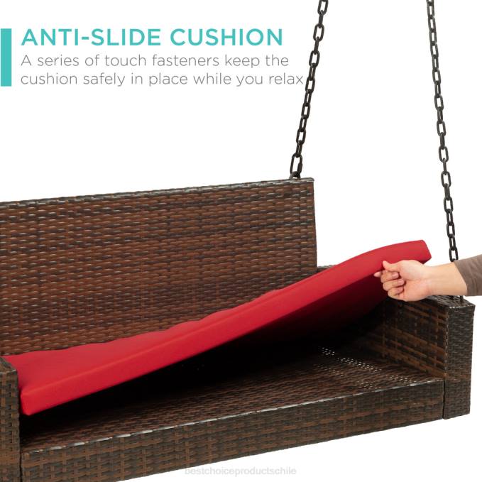 vida al aire libre | Best Choice Products Banco colgante de mimbre tejido para porche con cadenas de montaje y cojín de asiento rojo marrón08BN1434