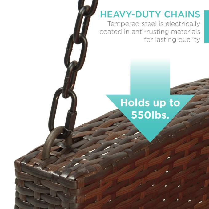 vida al aire libre | Best Choice Products Banco colgante de mimbre tejido para porche con cadenas de montaje y cojín de asiento rojo marrón08BN1434