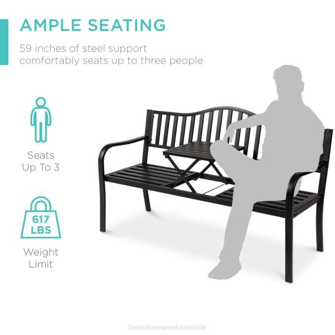 vida al aire libre | Best Choice Products Banco de acero para patio y jardín exterior con mesa central extraíble. negro08BN1482