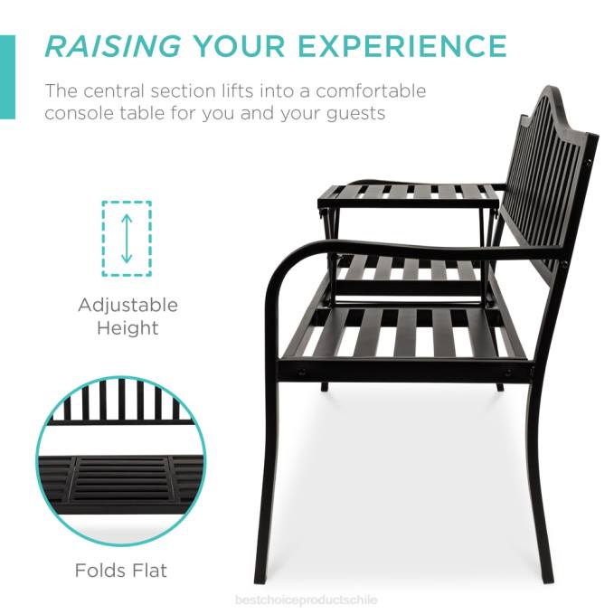 vida al aire libre | Best Choice Products Banco de acero para patio y jardín exterior con mesa central extraíble. negro08BN1482