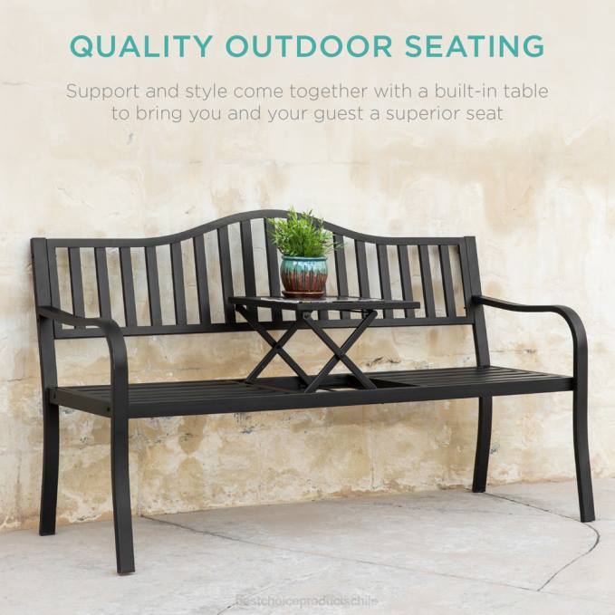 vida al aire libre | Best Choice Products Banco de acero para patio y jardín exterior con mesa central extraíble. negro08BN1482