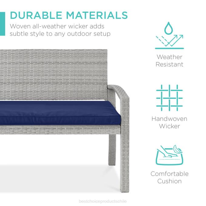 vida al aire libre | Best Choice Products Banco de mimbre para porche para 2 personas para exteriores, jardín con capacidad de 700 lb gris/azul marino08BN946