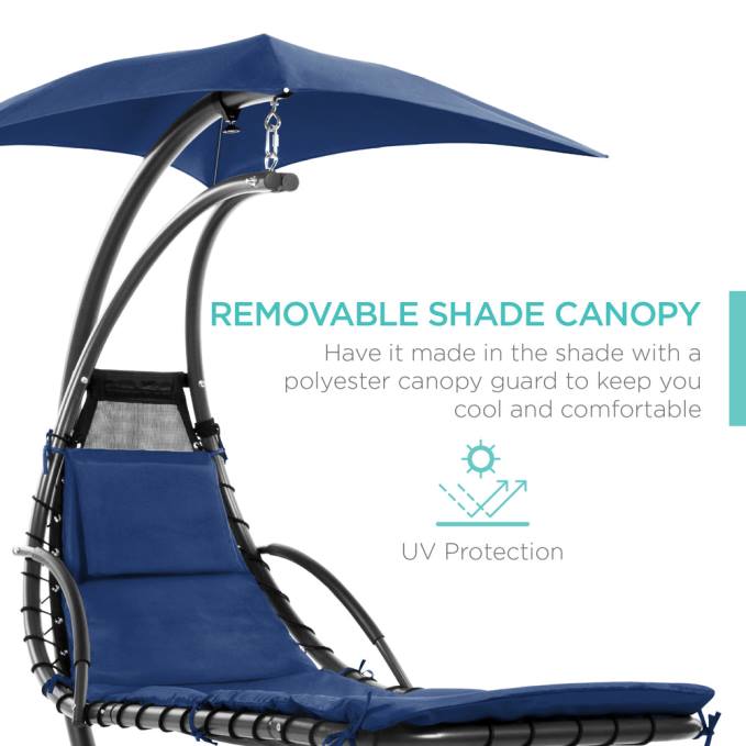vida al aire libre | Best Choice Products Chaise lounge curvada colgante con almohada incorporada, dosel extraíble Azul marino08BN819