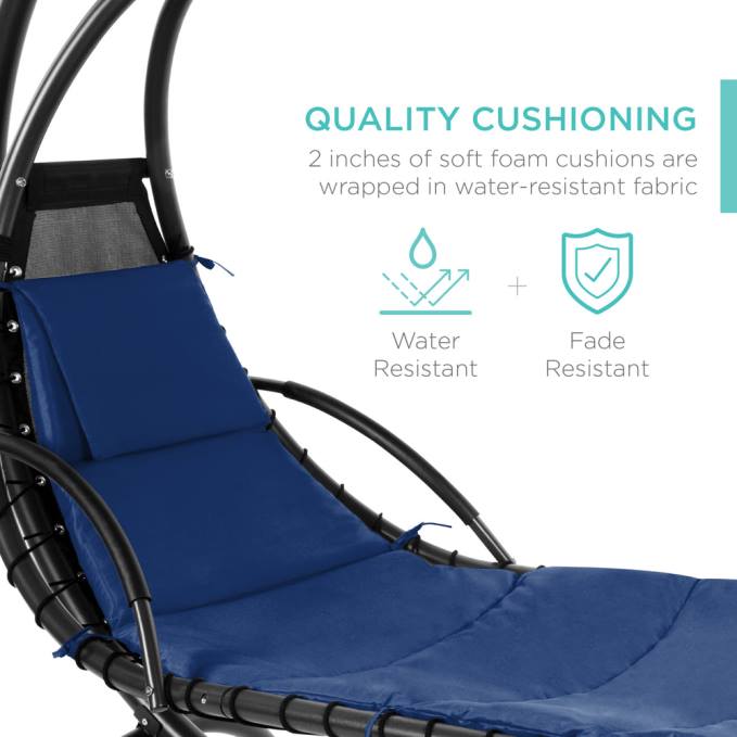 vida al aire libre | Best Choice Products Chaise lounge curvada colgante con almohada incorporada, dosel extraíble Azul marino08BN819