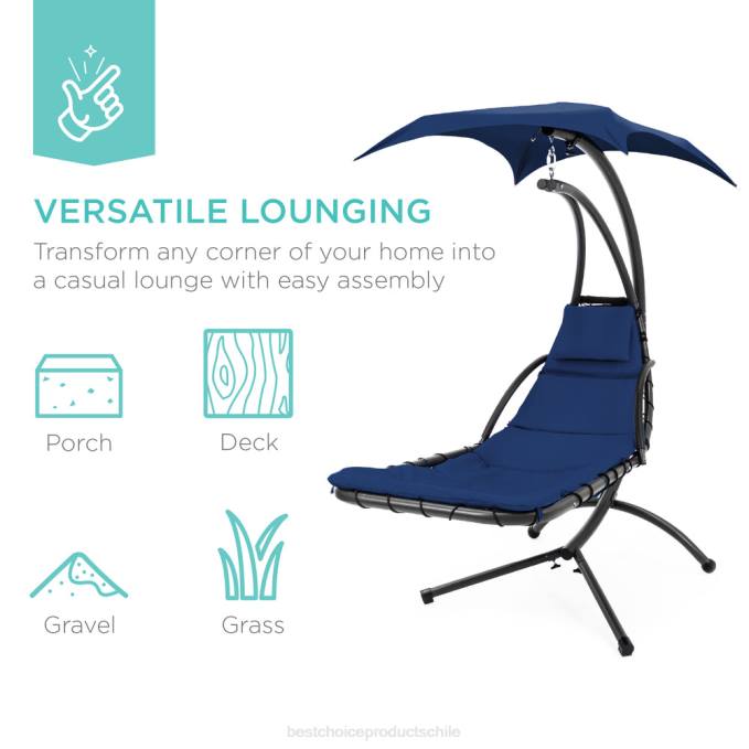 vida al aire libre | Best Choice Products Chaise lounge curvada colgante con almohada incorporada, dosel extraíble Azul marino08BN819