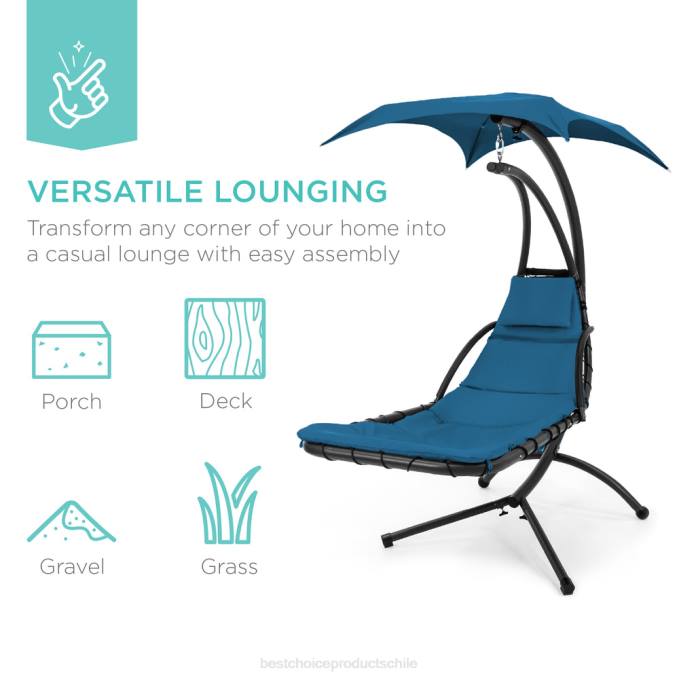 vida al aire libre | Best Choice Products Chaise lounge curvada colgante con almohada incorporada, dosel extraíble azul eléctrico08BN817