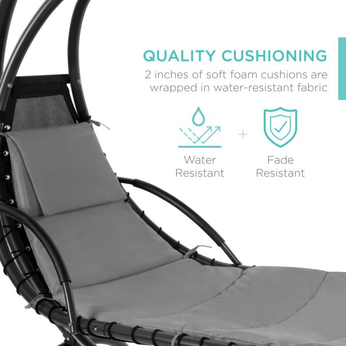 vida al aire libre | Best Choice Products Chaise lounge curvada colgante con almohada incorporada, dosel extraíble gris carbón08BN820