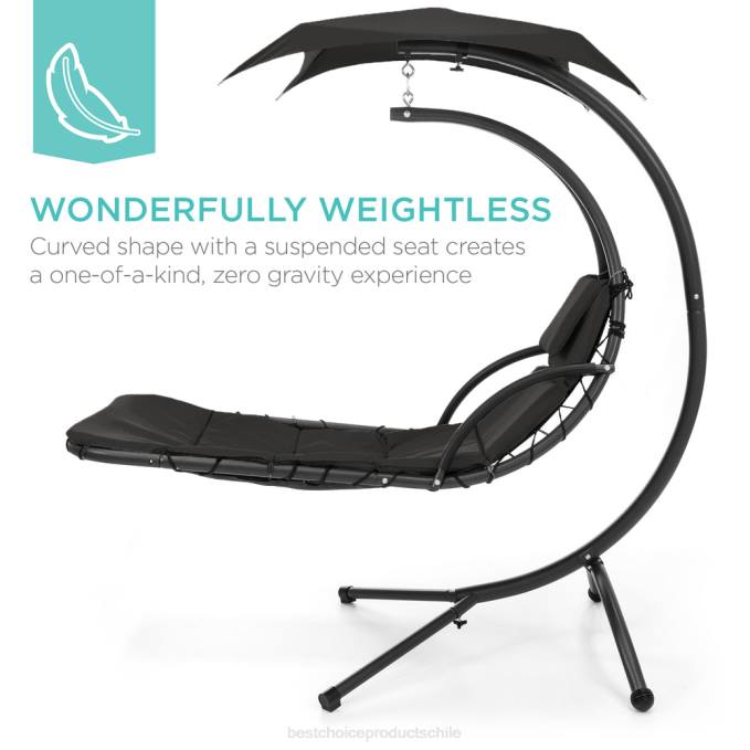 vida al aire libre | Best Choice Products Chaise lounge curvada colgante con almohada incorporada, dosel extraíble negro08BN823