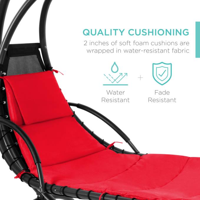 vida al aire libre | Best Choice Products Chaise lounge curvada colgante con almohada incorporada, dosel extraíble rojo08BN821
