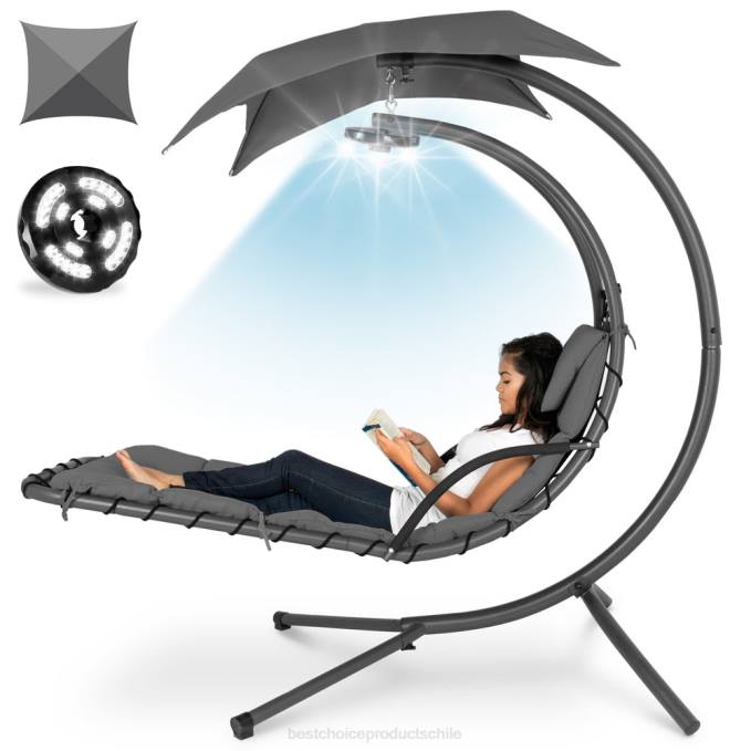 vida al aire libre | Best Choice Products Chaise lounge curvada con iluminación LED colgante con almohada, dosel y soporte gris08BN1412