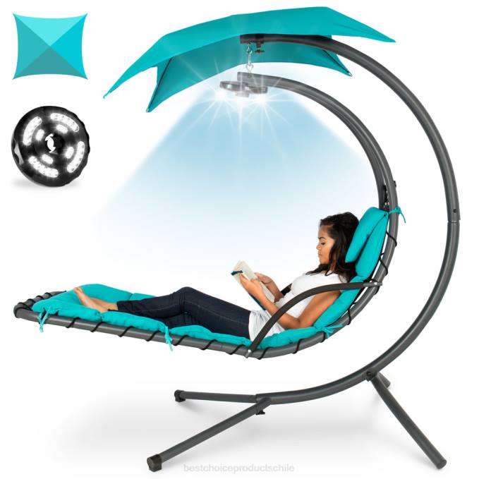 vida al aire libre | Best Choice Products Chaise lounge curvada con iluminación LED colgante con almohada, dosel y soporte verde azulado08BN1410