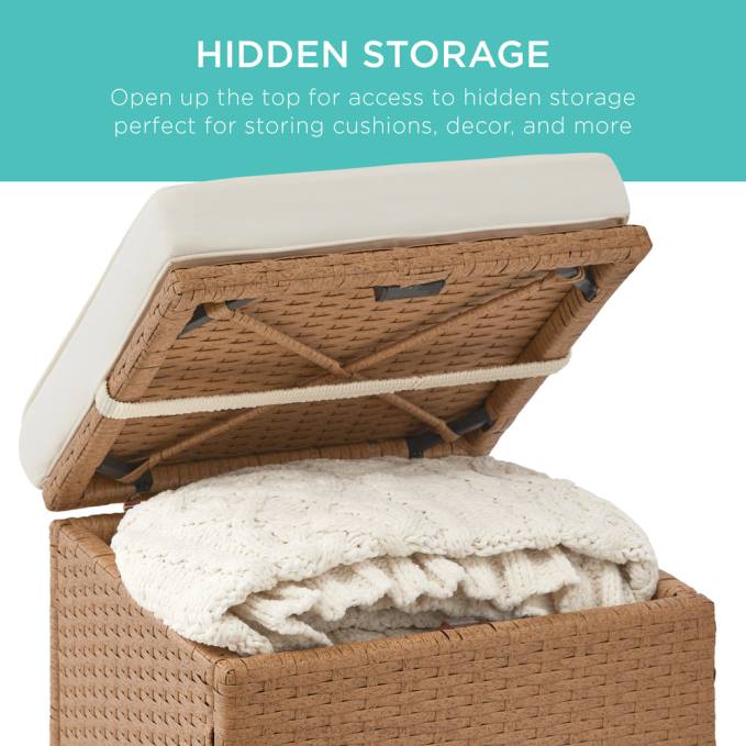 vida al aire libre | Best Choice Products Juego de 2 otomanas de mimbre, multiusos con cojines desenfundables, estructura de acero. natural/marfil08BN898