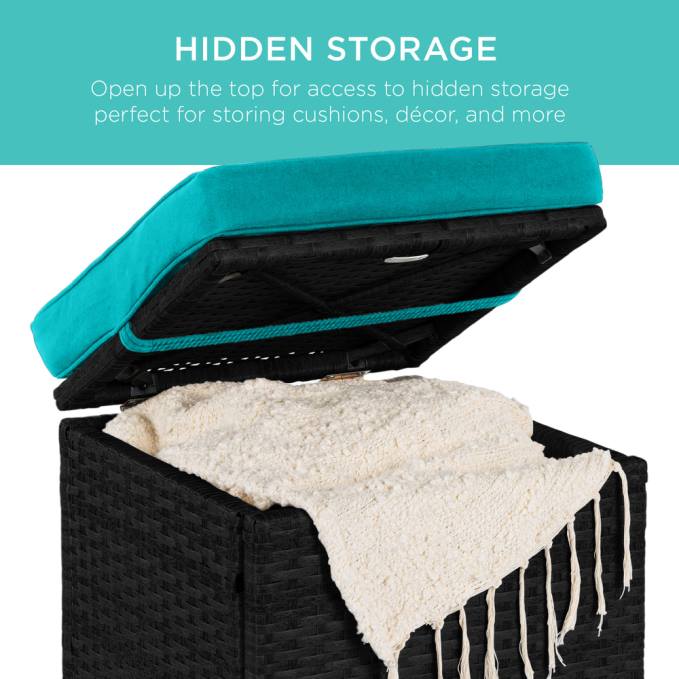 vida al aire libre | Best Choice Products Juego de 2 otomanas de mimbre, multiusos con cojines desenfundables, estructura de acero. negro/verde azulado08BN897