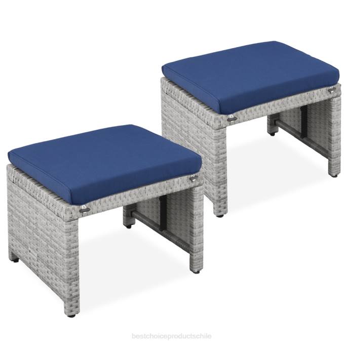 vida al aire libre | Best Choice Products Juego de 2 otomanas multiusos de mimbre con cojines desenfundables, estructura de acero. gris/azul marino08BN918