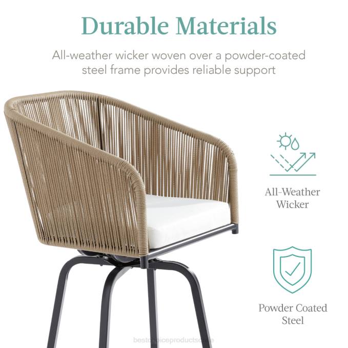 vida al aire libre | Best Choice Products Juego de 2 taburetes de bar giratorios de mimbre tejido con rotación de 360, estructura de acero. natural/marfil08BN1438