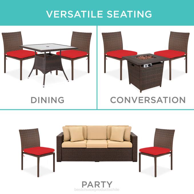 vida al aire libre | Best Choice Products Juego de 4 sillas de mimbre apilables para exteriores con cojines, resistentes a los rayos UV. rojo marrón08BN1426