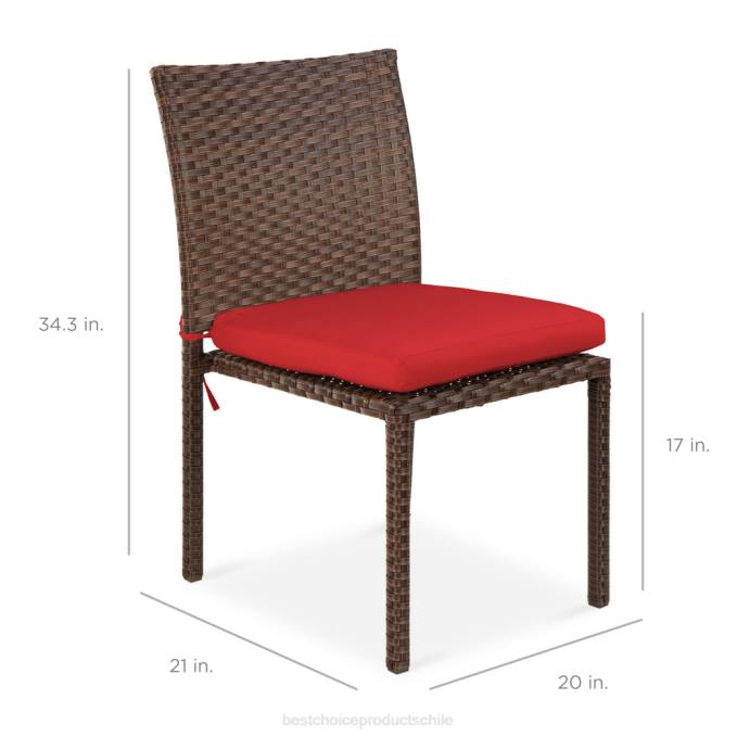 vida al aire libre | Best Choice Products Juego de 4 sillas de mimbre apilables para exteriores con cojines, resistentes a los rayos UV. rojo marrón08BN1426