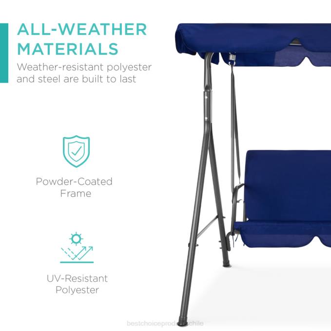 vida al aire libre | Best Choice Products Muebles tipo planeador con dosel para exteriores para 2 personas con cojines, estructura de acero azul marino/gris08BN397