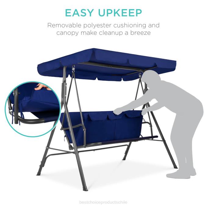 vida al aire libre | Best Choice Products Muebles tipo planeador con dosel para exteriores para 2 personas con cojines, estructura de acero azul marino/gris08BN397