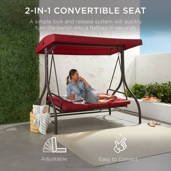 vida al aire libre | Best Choice Products Muebles tipo planeador oscilante con dosel para exteriores de 3 asientos con respaldo plano convertible borgoña08BN1359