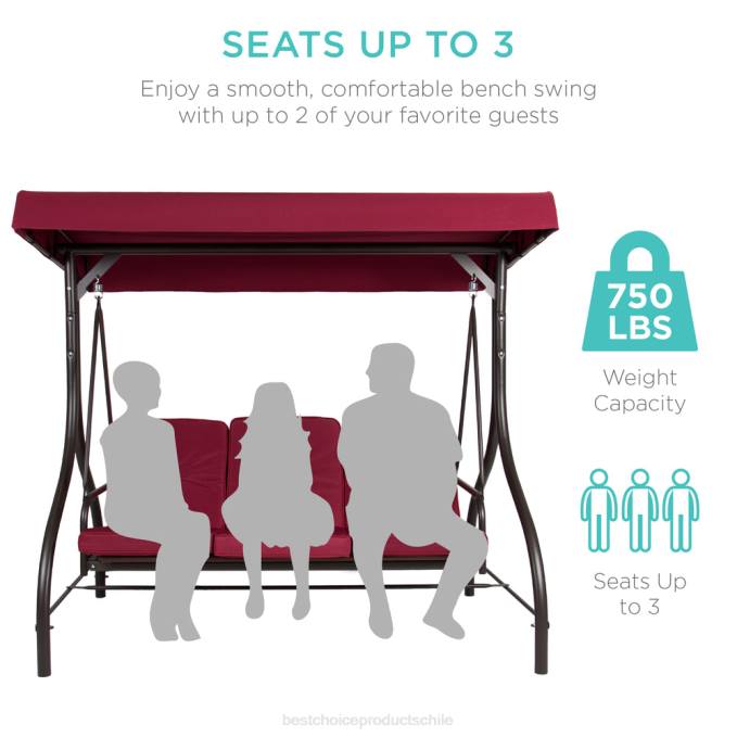 vida al aire libre | Best Choice Products Muebles tipo planeador oscilante con dosel para exteriores de 3 asientos con respaldo plano convertible borgoña08BN1359