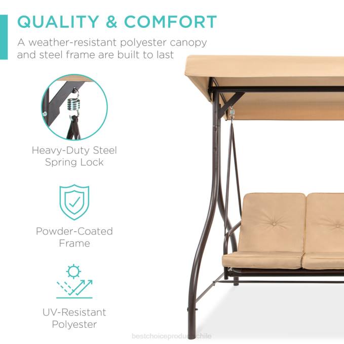 vida al aire libre | Best Choice Products Muebles tipo planeador oscilante con dosel para exteriores de 3 asientos con respaldo plano convertible broncearse08BN1360