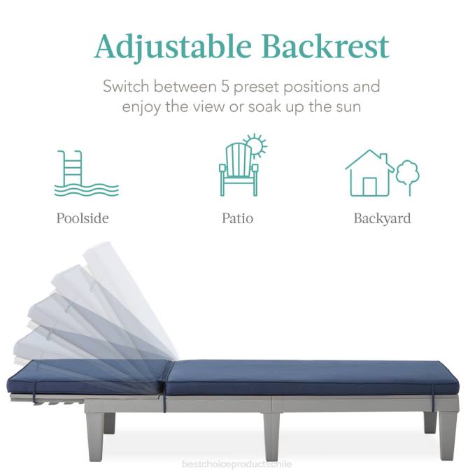 vida al aire libre | Best Choice Products Sillón para patio exterior, tumbona de resina con cojín de asiento, 5 posiciones gris/azul marino08BN1470