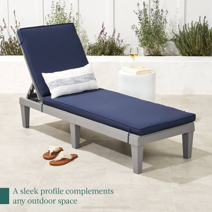 vida al aire libre | Best Choice Products Sillón para patio exterior, tumbona de resina con cojín de asiento, 5 posiciones gris/azul marino08BN1470