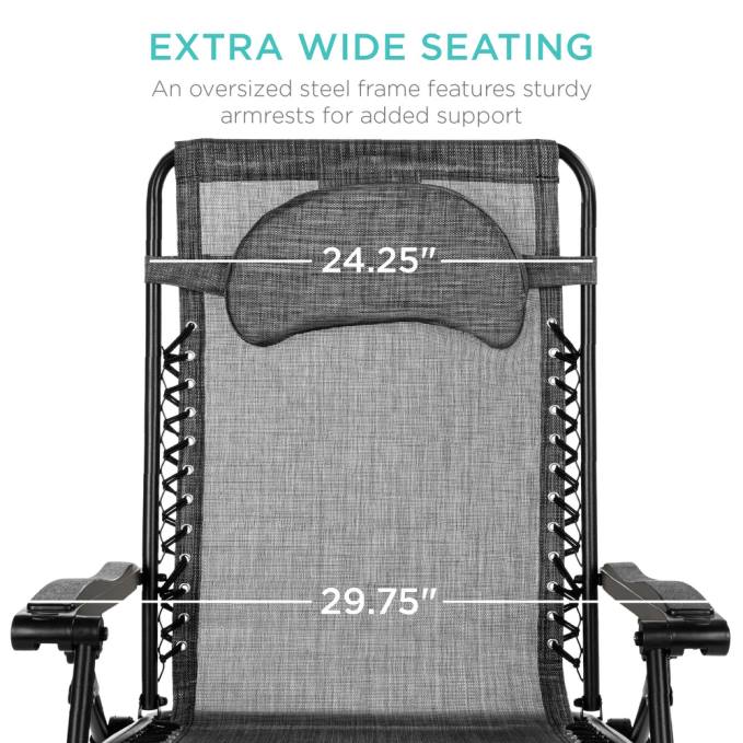 vida al aire libre | Best Choice Products Tumbona reclinable de gran tamaño con silla de gravedad cero con portavasos y almohada gris08BN1328