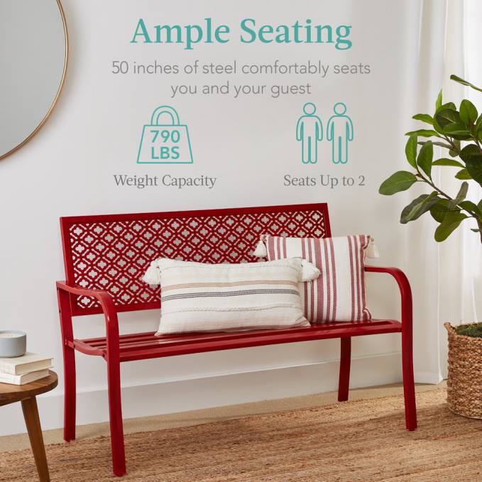 vida al aire libre | Best Choice Products banco de acero para interior y exterior con respaldo geométrico, niveladores de pies Rosa roja08BN1450