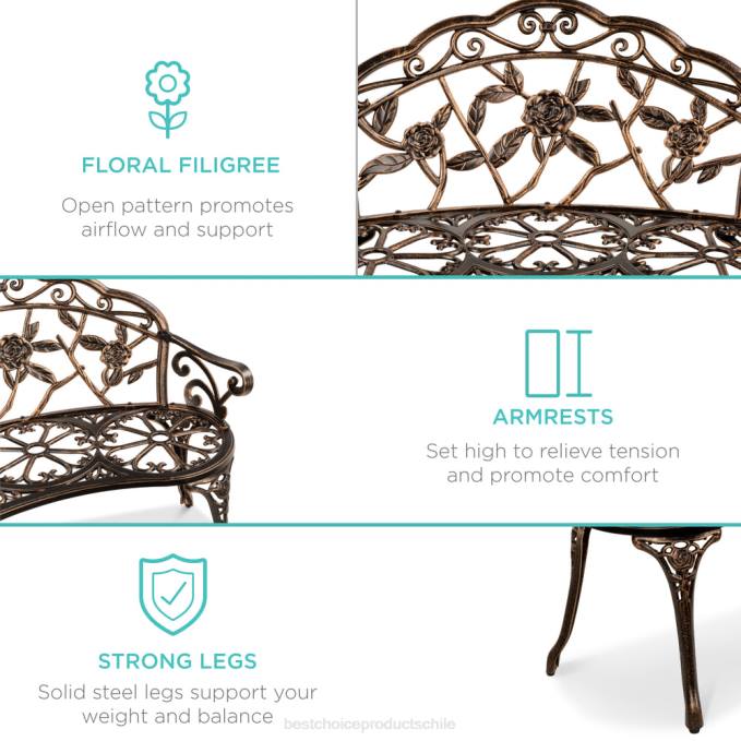 vida al aire libre | Best Choice Products banco de jardín de acero muebles de patio exterior con detalles florales en rosas bronce08BN1454